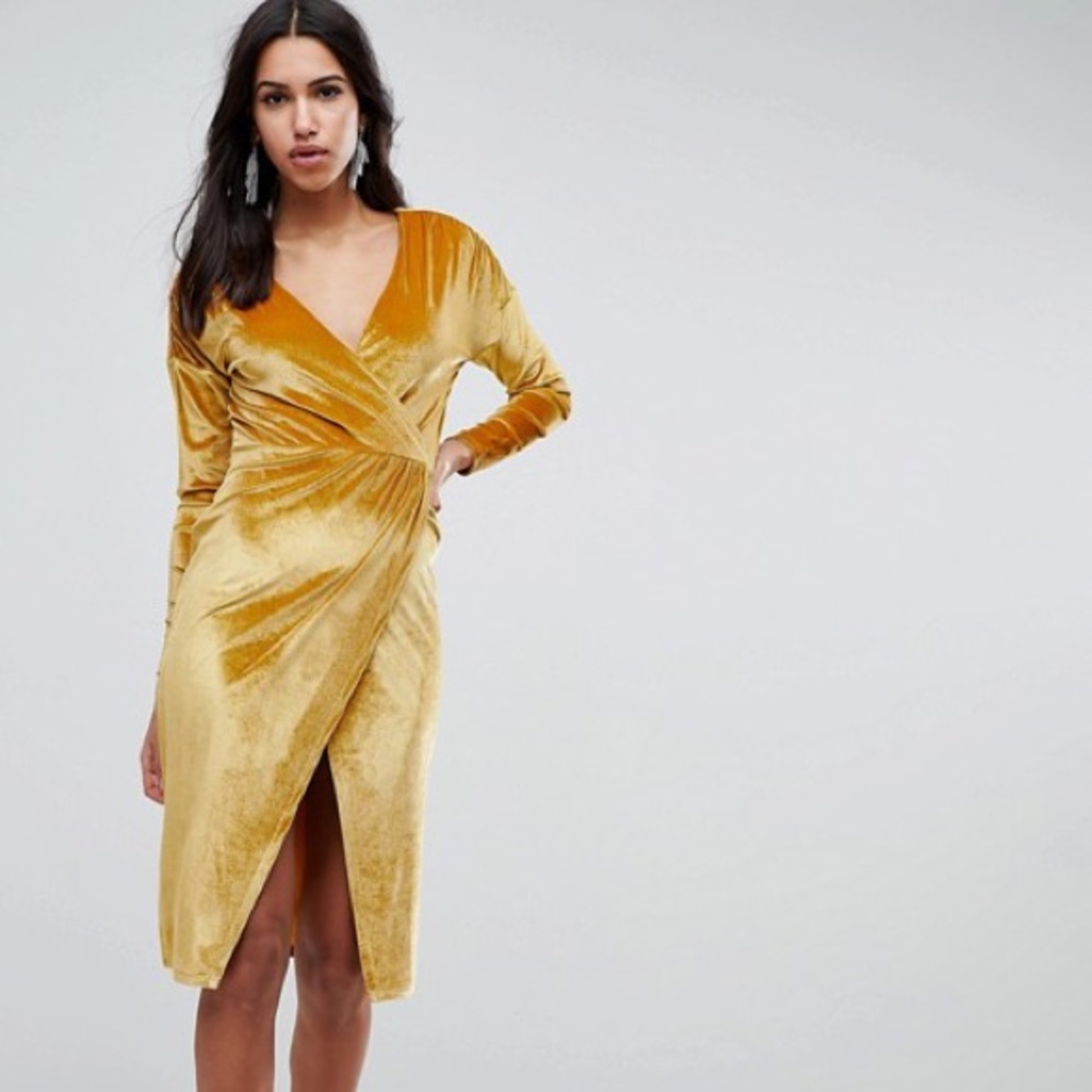 ASOS Gold Mustard Velvet Wrap Midi Dress